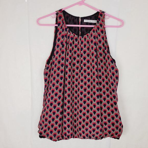Trina Turk 100% silk blue geometric print elastic bubble hem blouse office retro - Picture 1 of 10